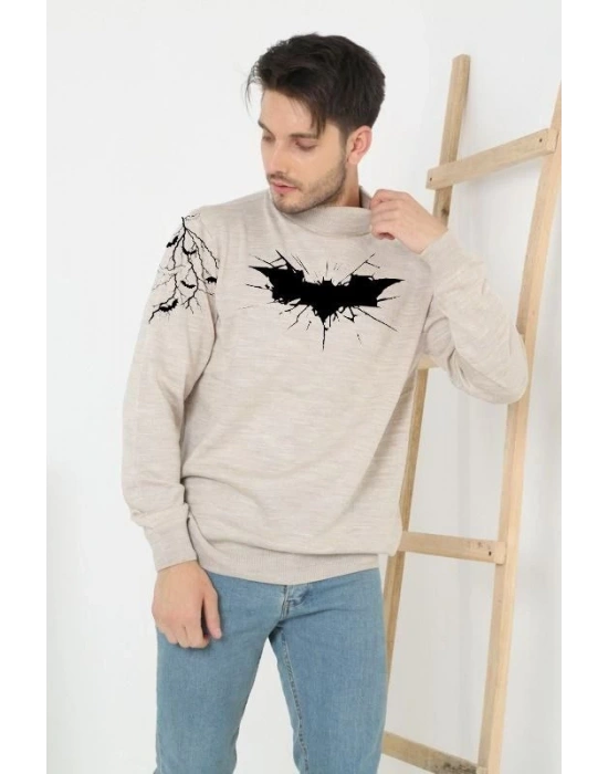 Erkek Yarım Bağazlı Kazak Baskılı Dokuma Triko - Bej