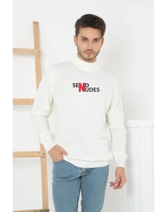 Erkek Yarım Bağazlı Kazak Baskılı Dokuma Triko - Beyaz