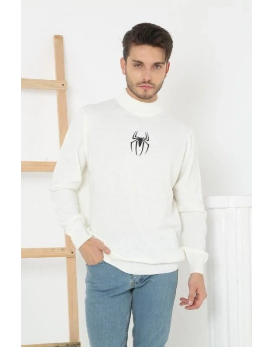 Erkek Yarım Bağazlı Kazak Baskılı Dokuma Triko - Beyaz