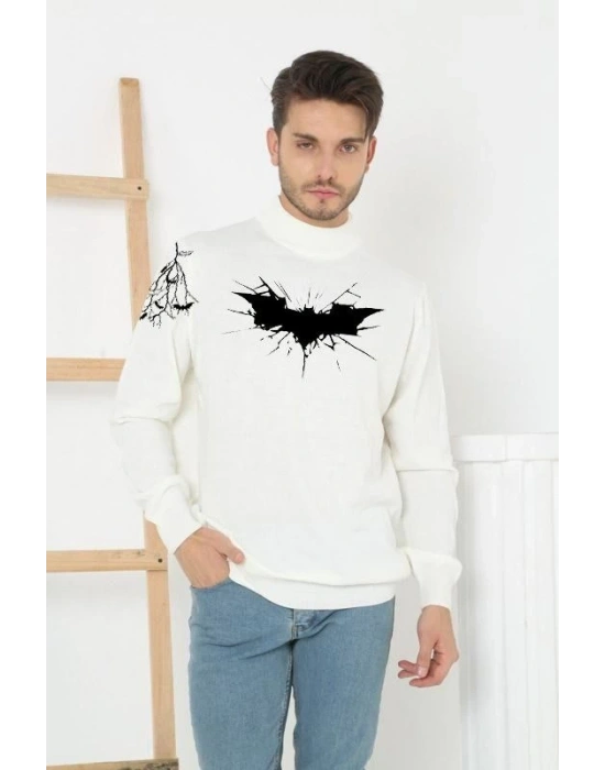 Erkek Yarım Bağazlı Kazak Baskılı Dokuma Triko - Beyaz