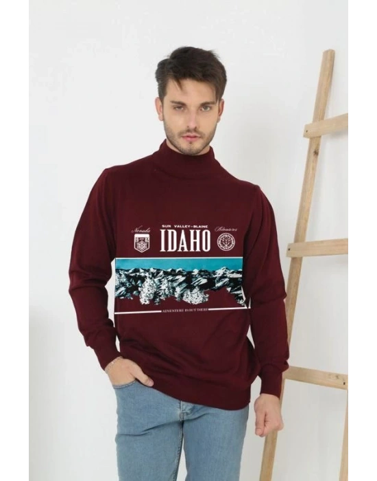 Erkek Yarım Bağazlı Kazak Baskılı Dokuma Triko - Bordo