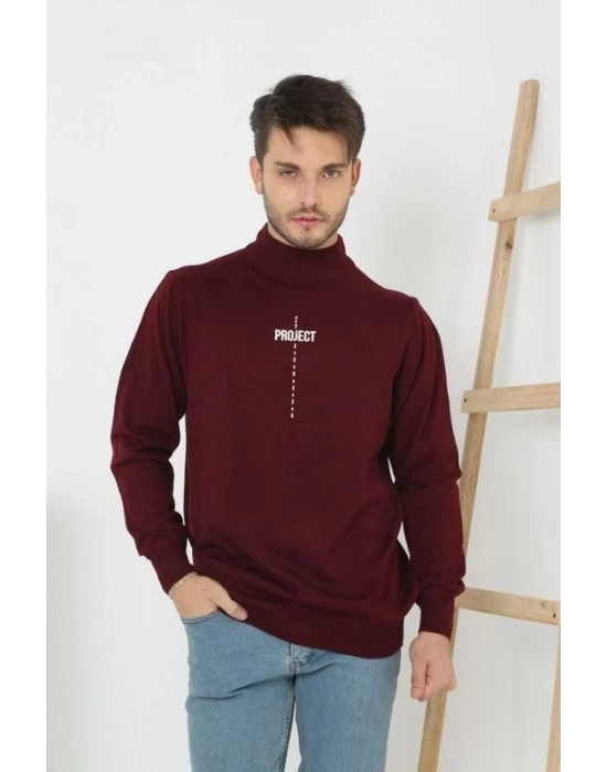 Erkek Yarım Bağazlı Kazak Baskılı Dokuma Triko - Bordo