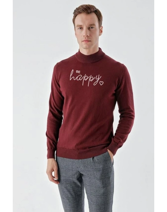 Erkek Yarım Bağazlı Kazak Baskılı Dokuma Triko - Bordo
