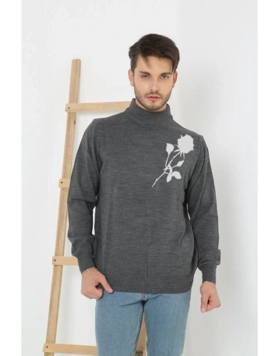 Erkek Yarım Bağazlı Kazak Baskılı Dokuma Triko - Füme