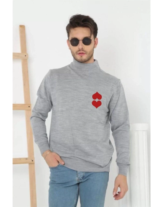 Erkek Yarım Bağazlı Kazak Baskılı Dokuma Triko - Gri