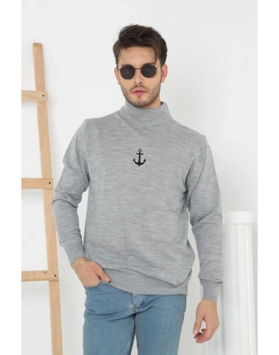 Erkek Yarım Bağazlı Kazak Baskılı Dokuma Triko -  Gri