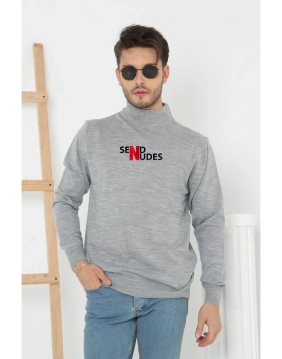 Erkek Yarım Bağazlı Kazak Baskılı Dokuma Triko - Gri