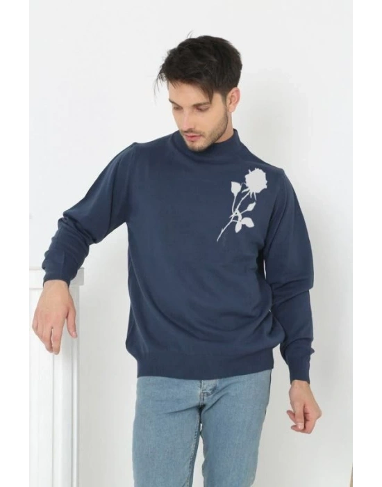 Erkek Yarım Bağazlı Kazak Baskılı Dokuma Triko - Lacivert