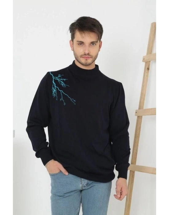 Erkek Yarım Bağazlı Kazak Baskılı Dokuma Triko - Siyah