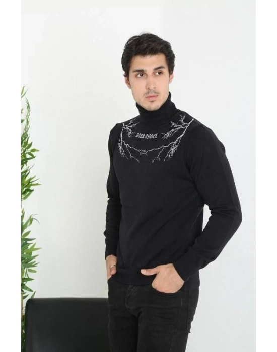 Erkek Yarım Bağazlı Kazak Baskılı Dokuma Triko - Siyah