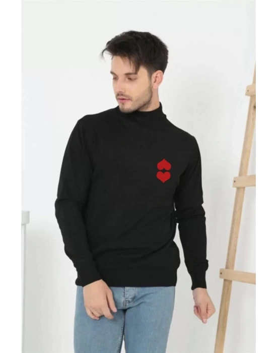 Erkek Yarım Bağazlı Kazak Baskılı Dokuma Triko - Siyah