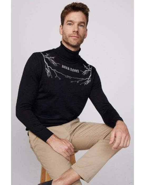 Erkek Yarım Bağazlı Kazak Baskılı Dokuma Triko - Siyah