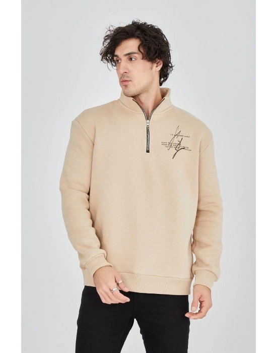 Erkek Yarım Fermuarlı Baskılı 3 iplik pamuklu sweatshirt - Bej