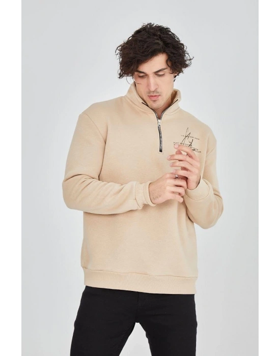 Erkek Yarım Fermuarlı Baskılı 3 iplik pamuklu sweatshirt - Bej