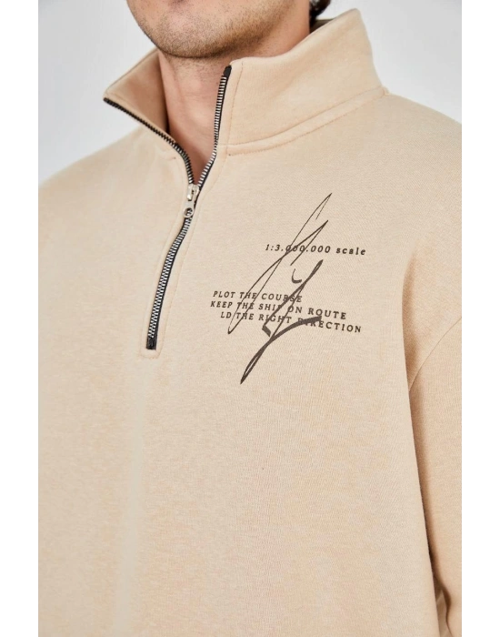 Erkek Yarım Fermuarlı Baskılı 3 iplik pamuklu sweatshirt - Bej