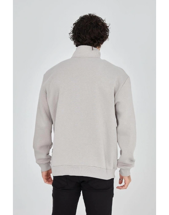 Erkek Yarım Fermuarlı Baskılı 3 iplik pamuklu sweatshirt - Boyalı Gri