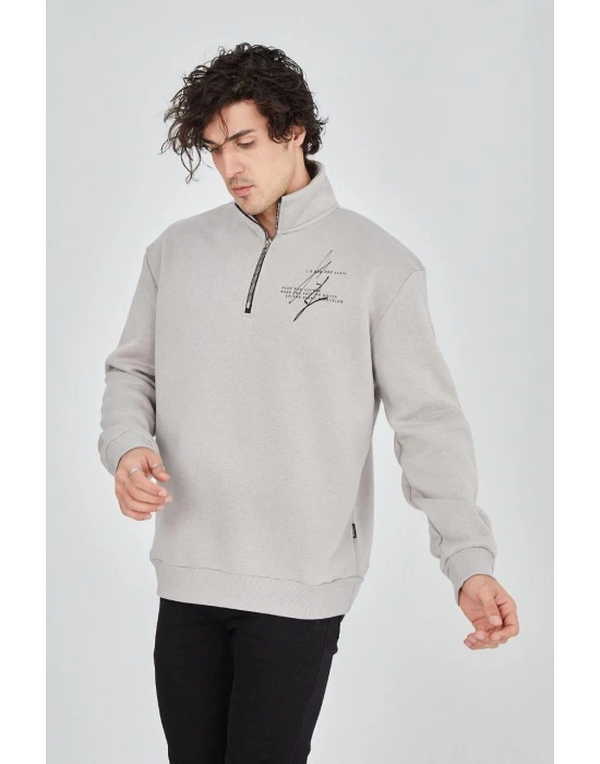 Erkek Yarım Fermuarlı Baskılı 3 iplik pamuklu sweatshirt - Boyalı Gri