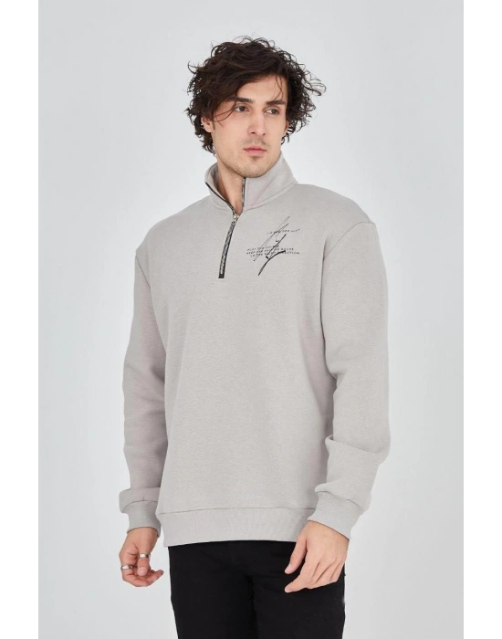Erkek Yarım Fermuarlı Baskılı 3 iplik pamuklu sweatshirt - Boyalı Gri