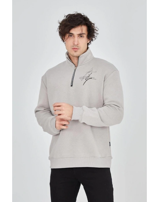 Erkek Yarım Fermuarlı Baskılı 3 iplik pamuklu sweatshirt - Boyalı Gri