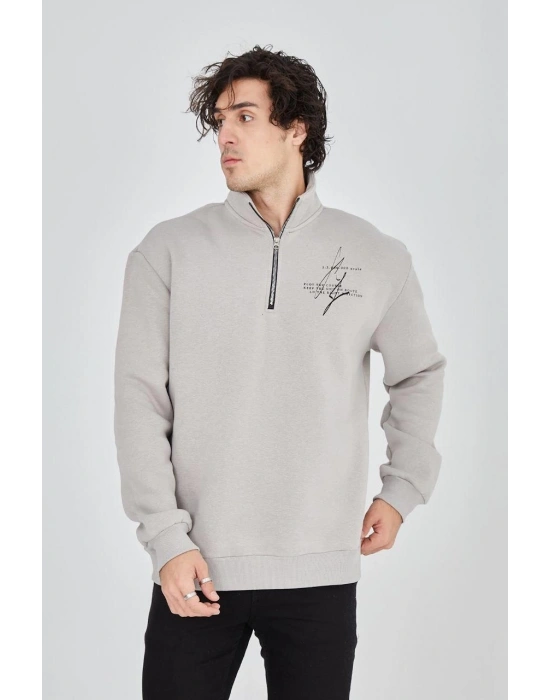 Erkek Yarım Fermuarlı Baskılı 3 iplik pamuklu sweatshirt - Boyalı Gri