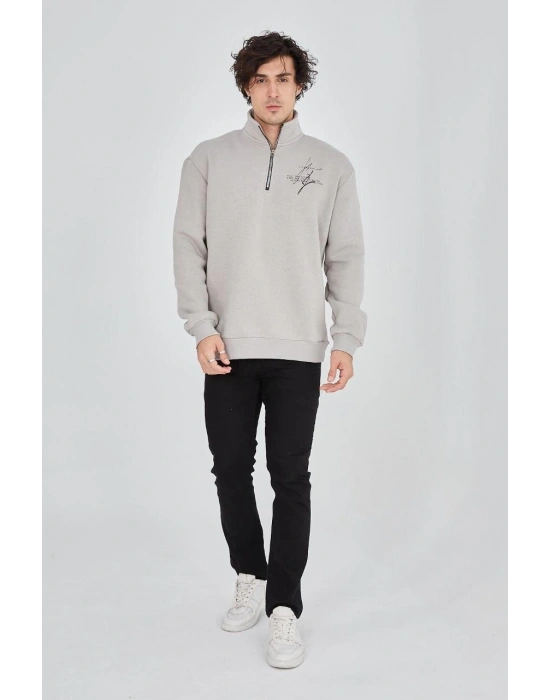 Erkek Yarım Fermuarlı Baskılı 3 iplik pamuklu sweatshirt - Boyalı Gri