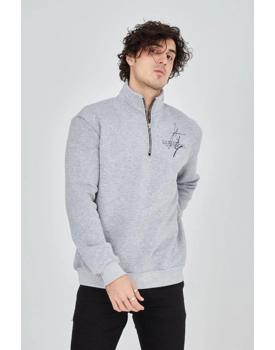 Erkek Yarım Fermuarlı Baskılı 3 iplik pamuklu sweatshirt - Gri
