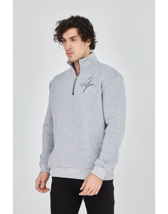 Erkek Yarım Fermuarlı Baskılı 3 iplik pamuklu sweatshirt - Gri