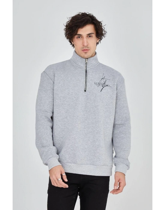 Erkek Yarım Fermuarlı Baskılı 3 iplik pamuklu sweatshirt - Gri