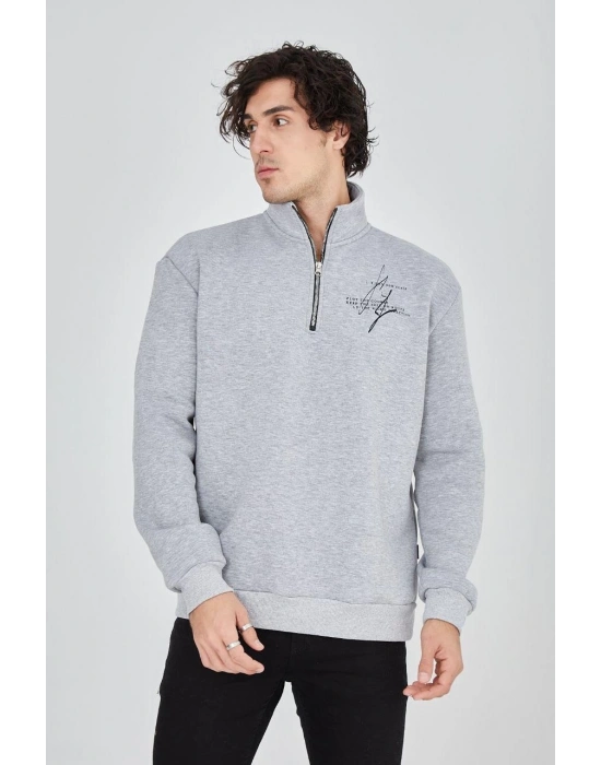 Erkek Yarım Fermuarlı Baskılı 3 iplik pamuklu sweatshirt - Gri