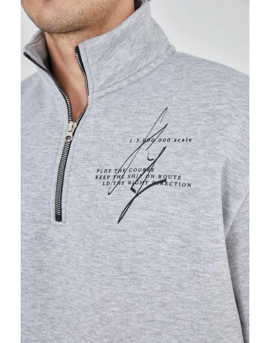 Erkek Yarım Fermuarlı Baskılı 3 iplik pamuklu sweatshirt - Gri