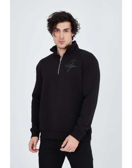 Erkek Yarım Fermuarlı Baskılı 3  iplik pamuklu sweatshirt - Siyah
