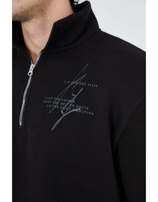 Erkek Yarım Fermuarlı Baskılı 3  iplik pamuklu sweatshirt - Siyah