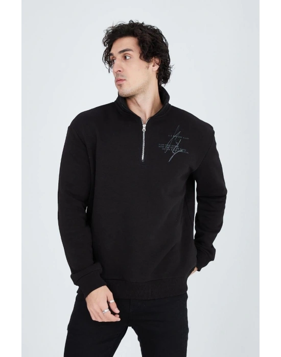 Erkek Yarım Fermuarlı Baskılı 3  iplik pamuklu sweatshirt - Siyah