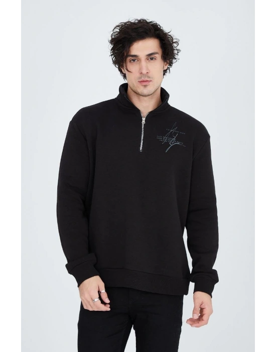 Erkek Yarım Fermuarlı Baskılı 3  iplik pamuklu sweatshirt - Siyah