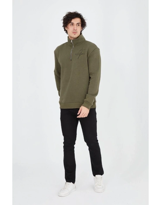 Erkek Yarım Fermuarlı Baskılı 3 iplik pamuklu sweatshirt - Yeşil