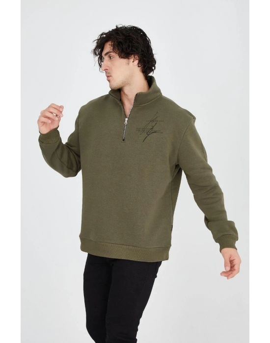 Erkek Yarım Fermuarlı Baskılı 3 iplik pamuklu sweatshirt - Yeşil