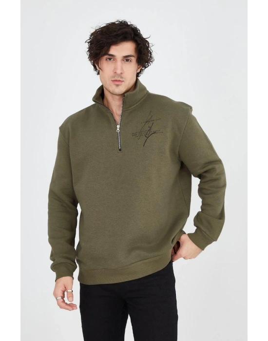 Erkek Yarım Fermuarlı Baskılı 3 iplik pamuklu sweatshirt - Yeşil