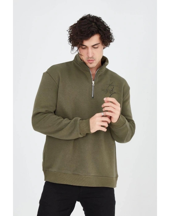 Erkek Yarım Fermuarlı Baskılı 3 iplik pamuklu sweatshirt - Yeşil