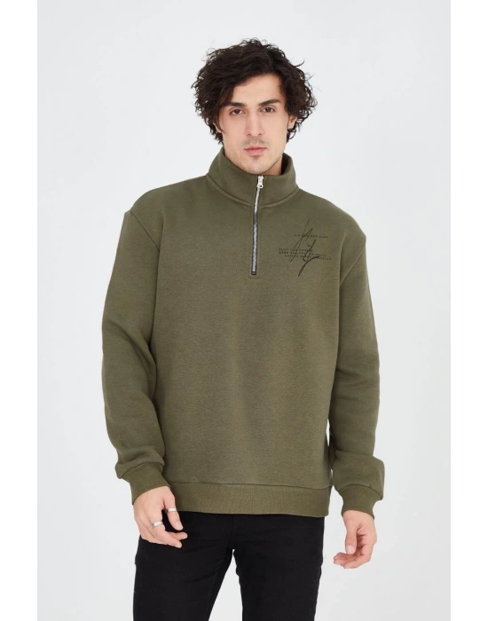 Erkek Yarım Fermuarlı Baskılı 3 iplik pamuklu sweatshirt - Yeşil
