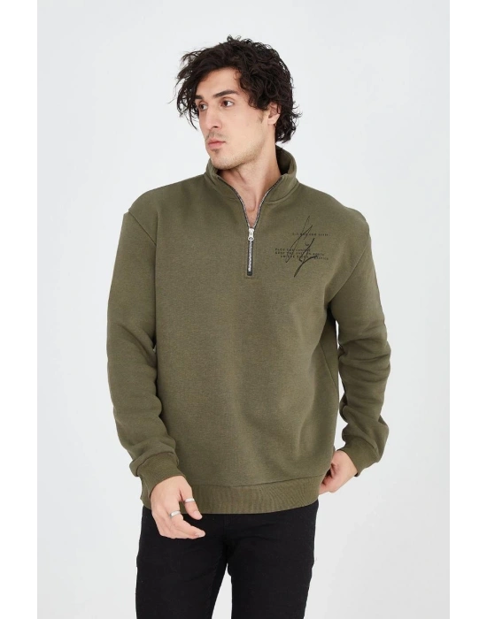 Erkek Yarım Fermuarlı Baskılı 3 iplik pamuklu sweatshirt - Yeşil