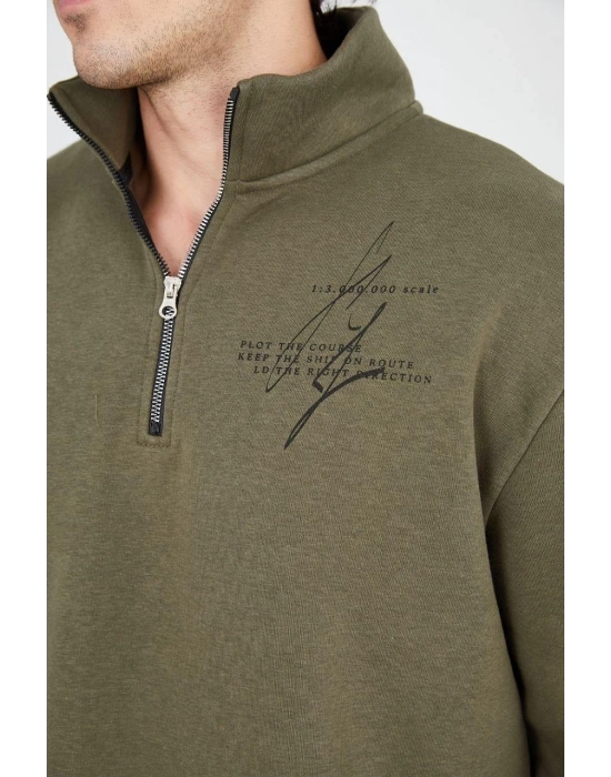 Erkek Yarım Fermuarlı Baskılı 3 iplik pamuklu sweatshirt - Yeşil