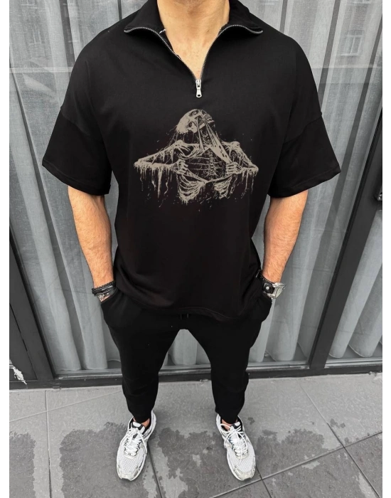 Erkek Yarım Fermuarlı Baskılı Oversize T-Shirt - Siyah