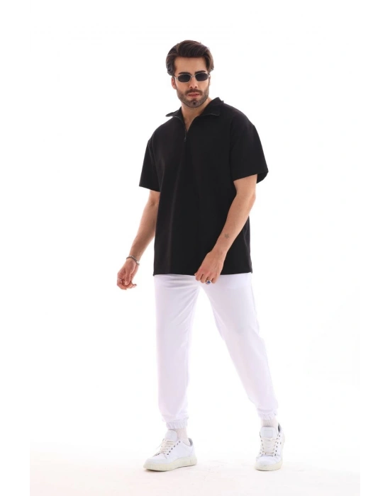 Erkek Yarım Fermuarlı Düz Oversize T-shirt - Siyah