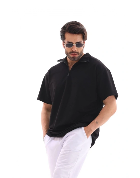 Erkek Yarım Fermuarlı Düz Oversize T-shirt - Siyah