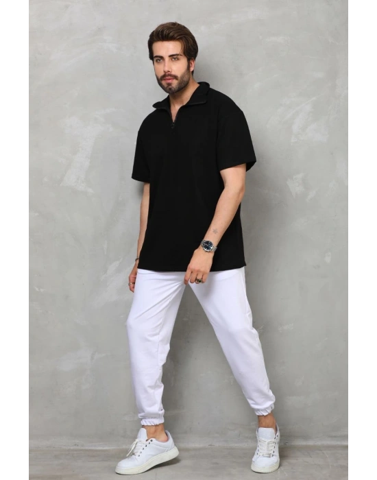 Erkek Yarım Fermuarlı Düz Oversize T-shirt - Siyah
