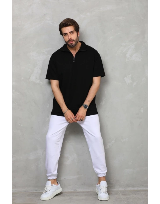 Erkek Yarım Fermuarlı Düz Oversize T-shirt - Siyah