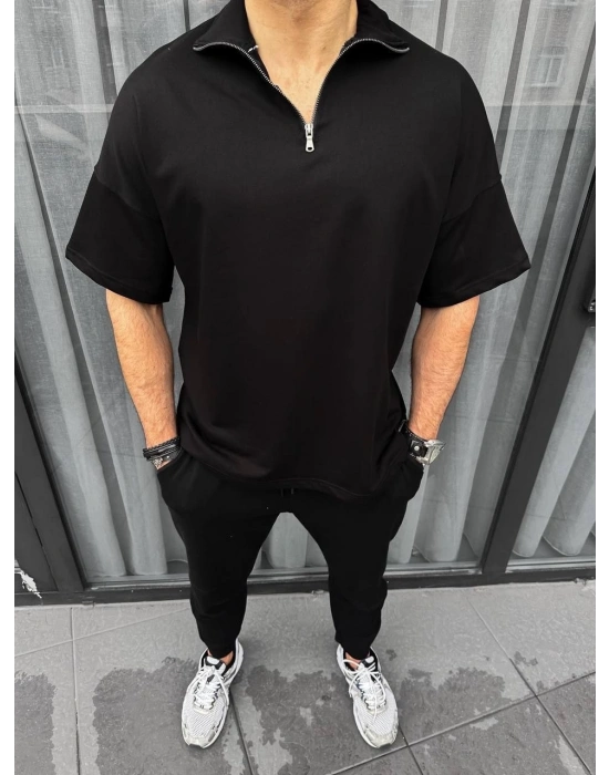 Erkek Yarım Fermuarlı Kısa kol T-Shirt - Siyah