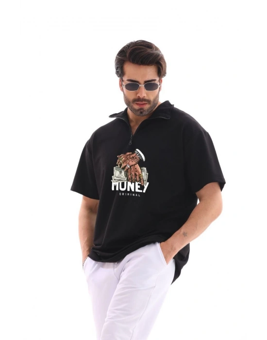 Erkek Yarım Fermuarlı Oversize Baskılı T-Shirt - Siyah