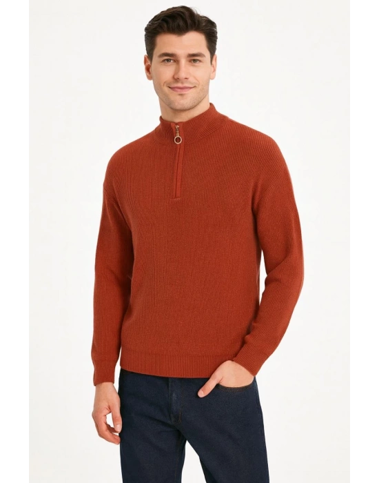 Erkek Yarım Fermuarlı Triko Kazak Selanik Örgü Dik Yaka Pamuklu Dokuma Regular - Kiremit