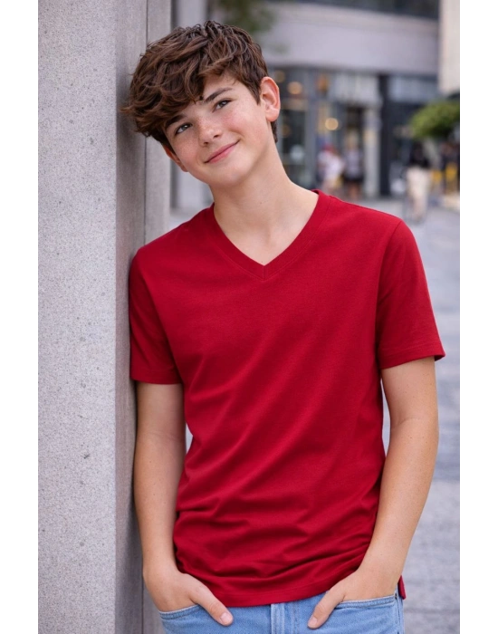 Genç Erkek Çocuk V Yaka Tişört Model - Bordo